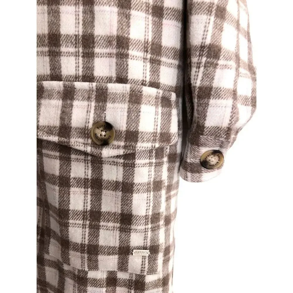 Buffalo David Bitton Large Flannel Cream Brown Plaid Long Line Shacket Cabincore